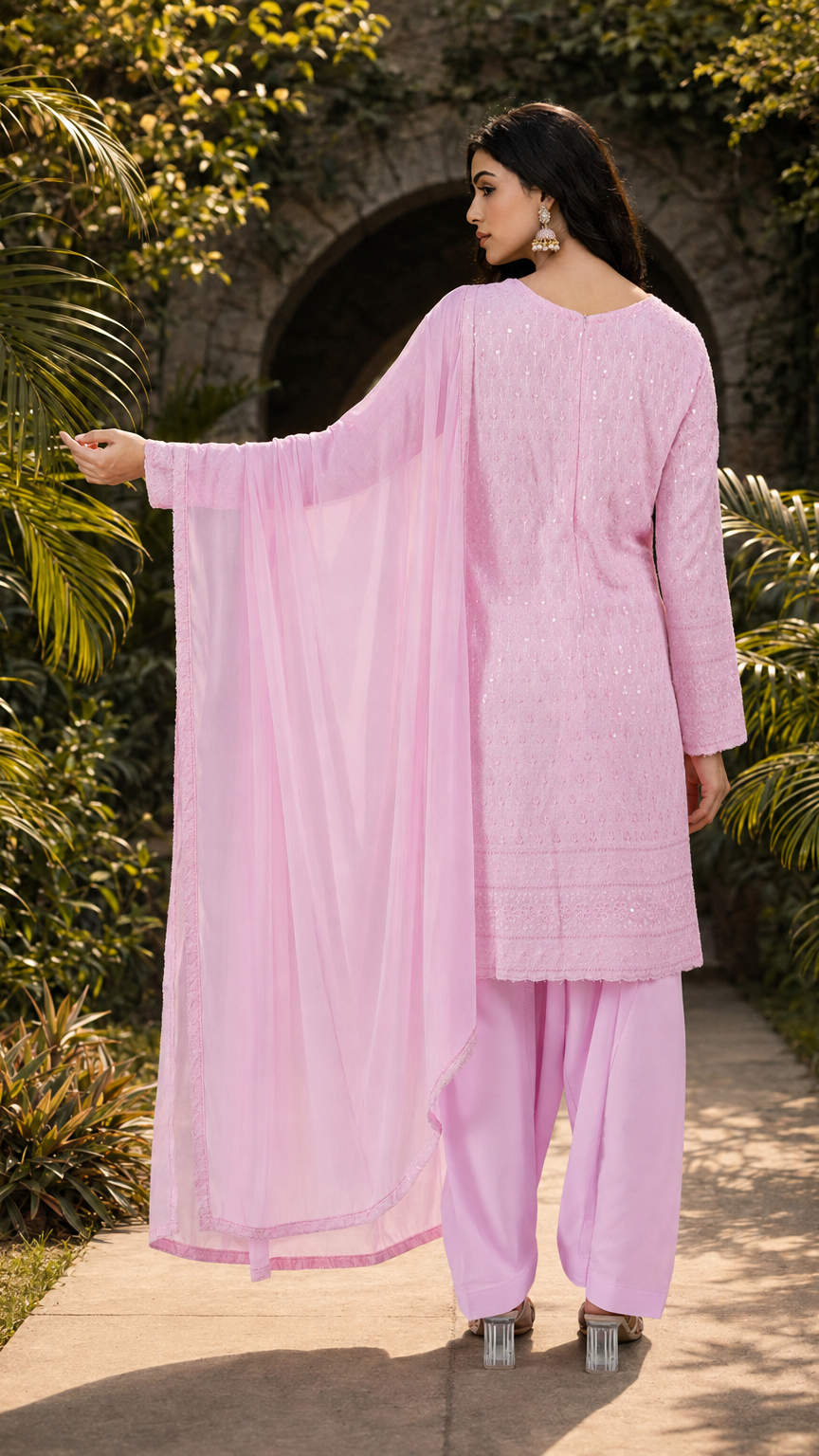 Buy pastel pink sequin embroidered Pakistani salwar kameez with loose shalwar trousers for women online at Diya Online
