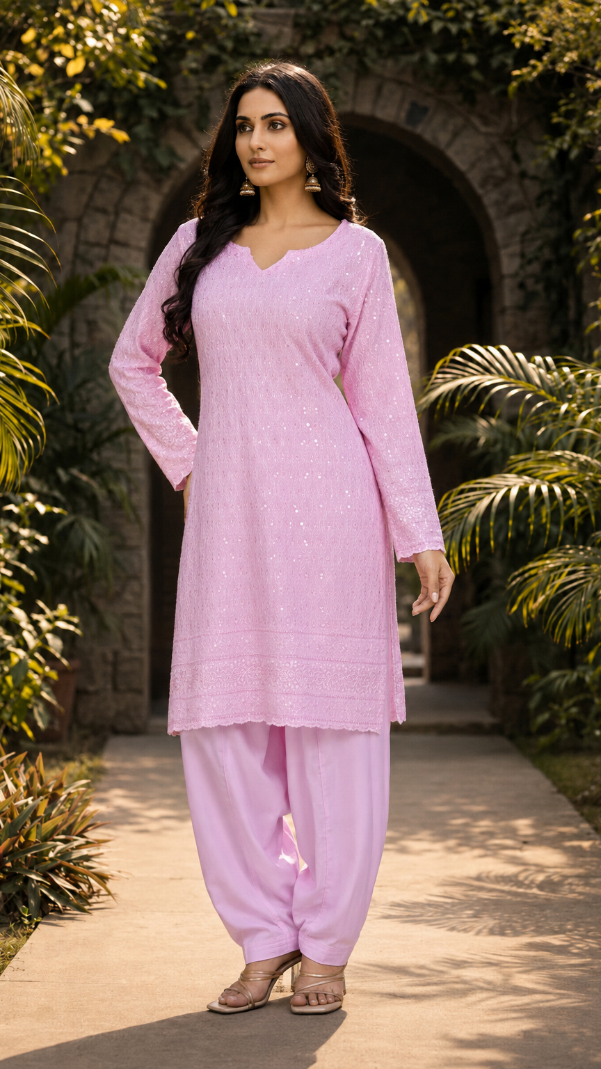 Buy pastel pink sequin embroidered Pakistani salwar kameez with loose shalwar trousers for women online at Diya Online