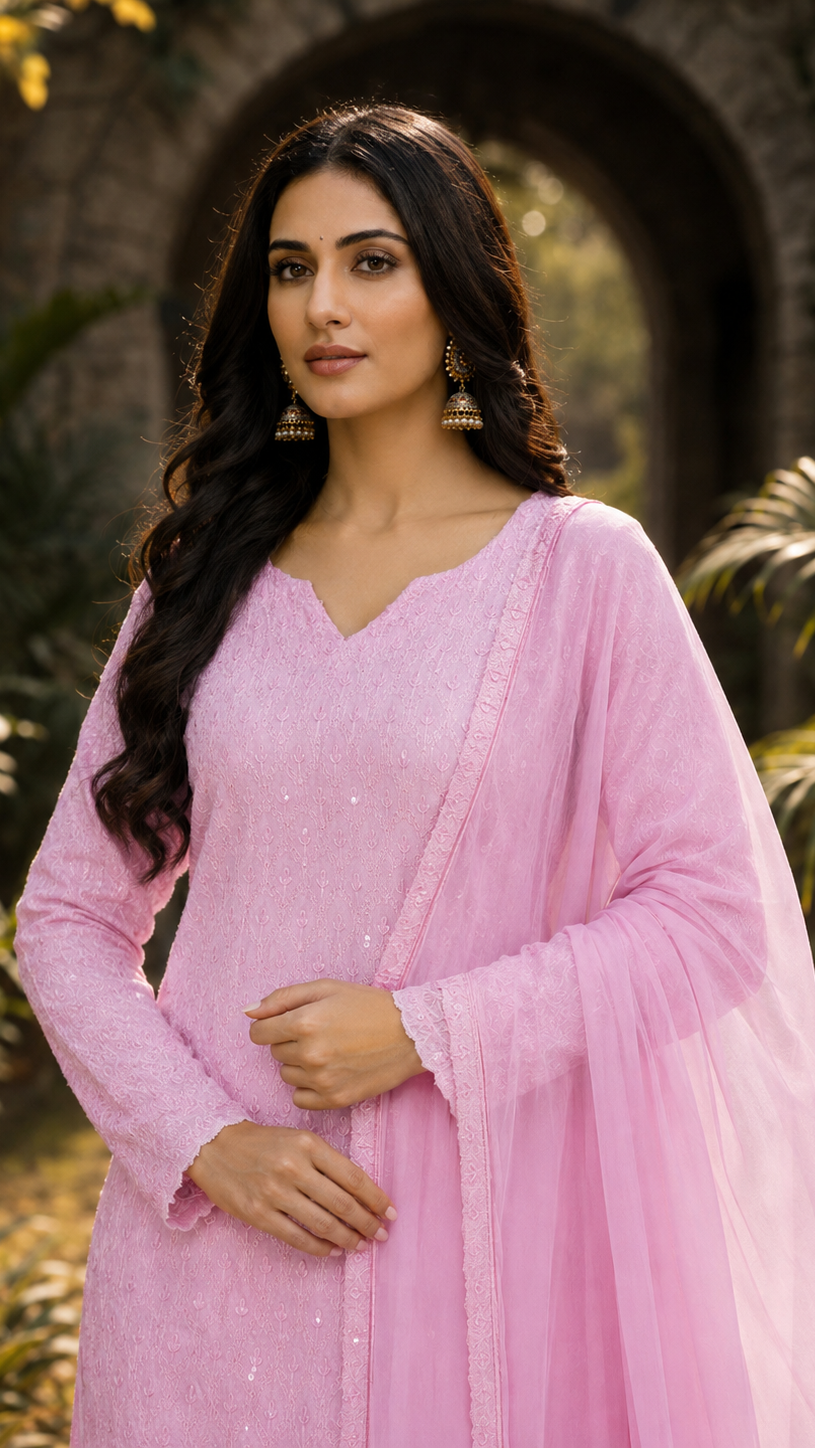 Buy pastel pink sequin embroidered Pakistani salwar kameez with loose shalwar trousers for women online at Diya Online