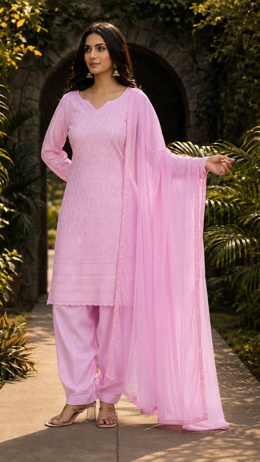 Buy pastel pink sequin embroidered Pakistani salwar kameez with loose shalwar trousers for women online at Diya Online