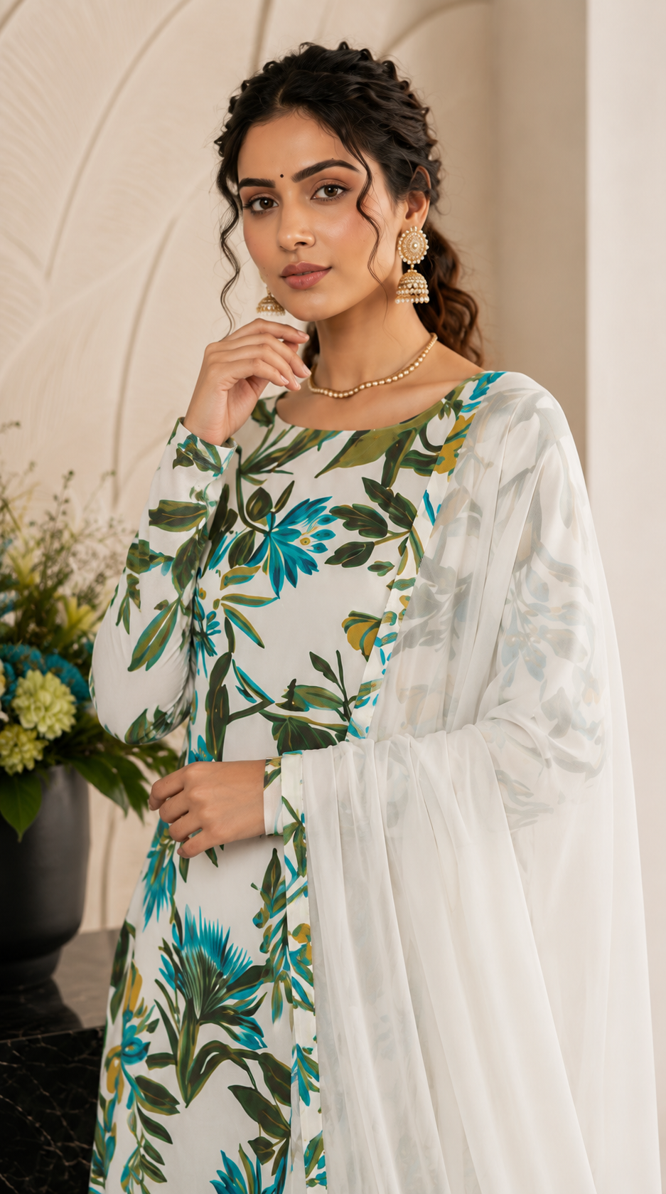 White floral printed Anarkali suit with chiffon dupatta for women
