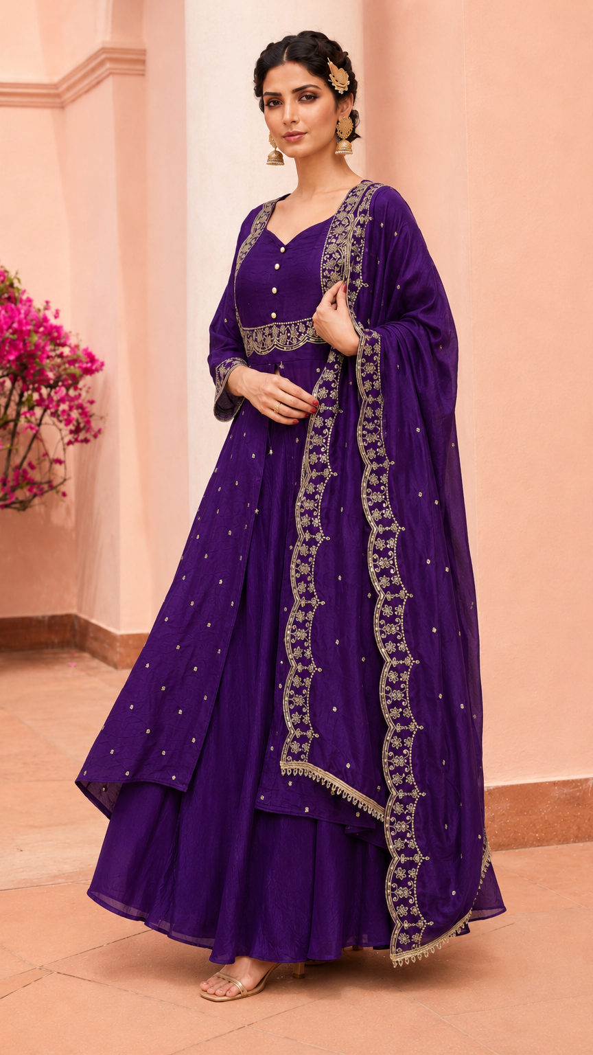 Buy heavy purple embroidered anarkali suit with palazzo pants online at Diya Online