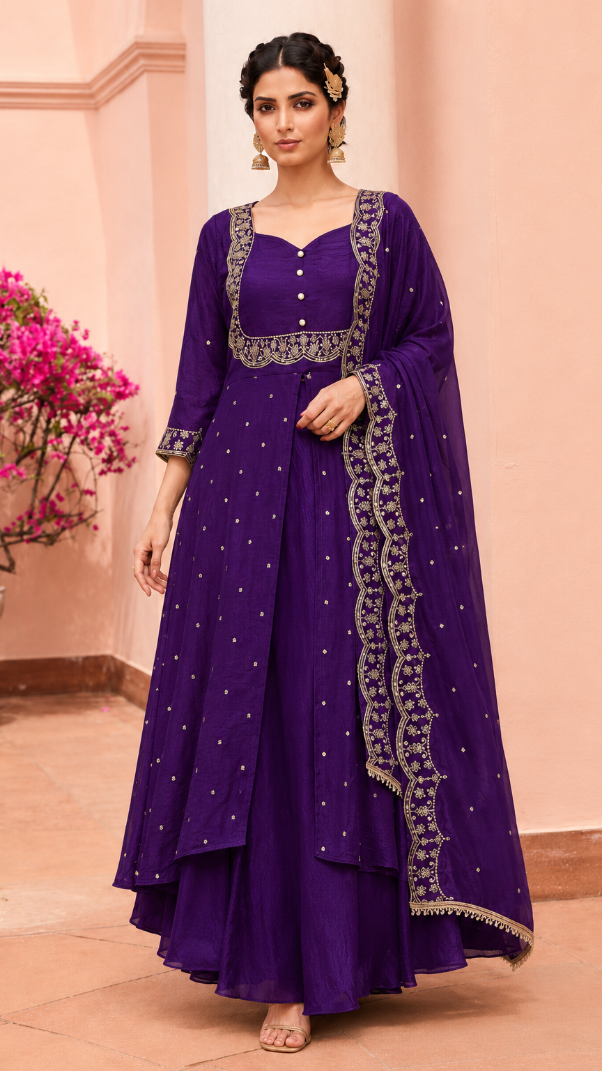 Buy heavy purple embroidered anarkali suit with palazzo pants online at Diya Online