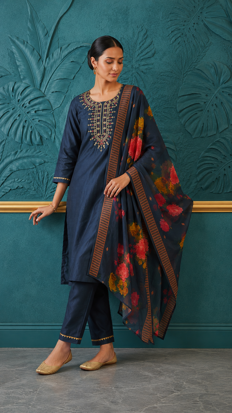 Women's navy blue embroidered kurta pant set with floral printed dupatta, ethnic Indian salwar suit, straight-fit kurti, festive wear, traditional embroidered dress for women. diya online