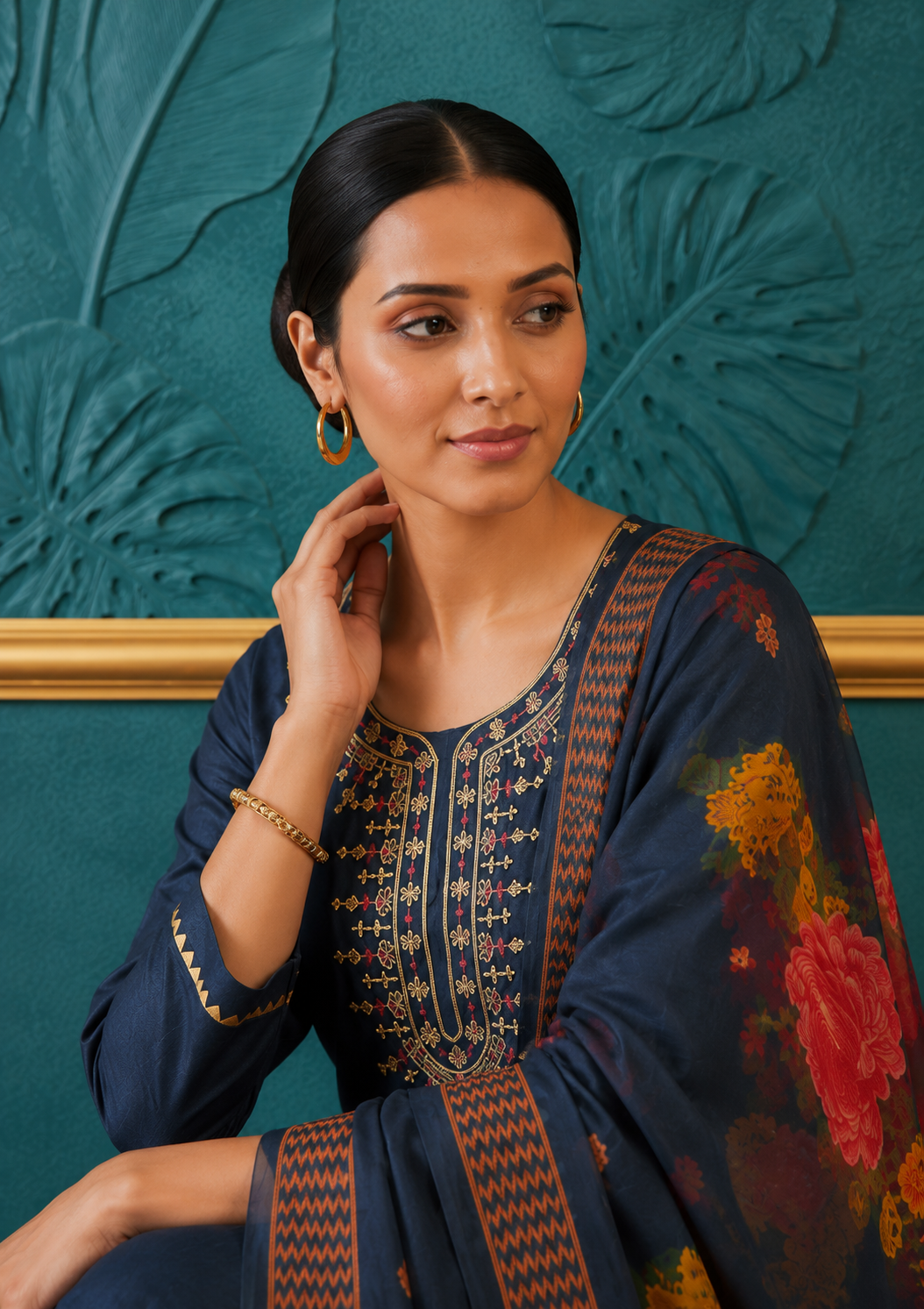 Women's navy blue embroidered kurta pant set with floral printed dupatta, ethnic Indian salwar suit, straight-fit kurti, festive wear, traditional embroidered dress for women. diya online