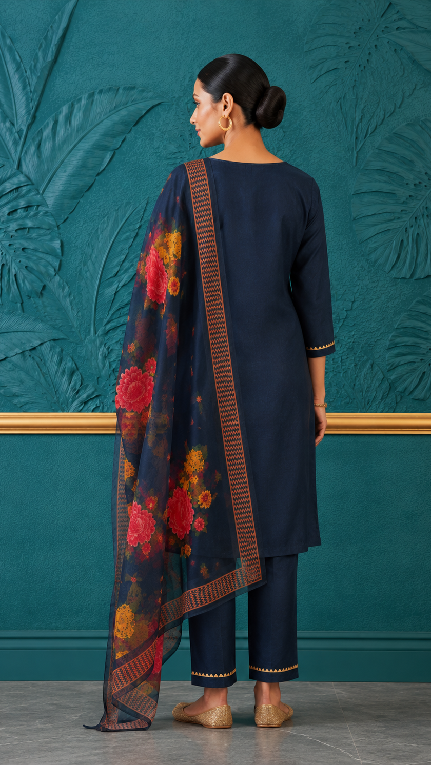 Women's navy blue embroidered kurta pant set with floral printed dupatta, ethnic Indian salwar suit, straight-fit kurti, festive wear, traditional embroidered dress for women. diya online