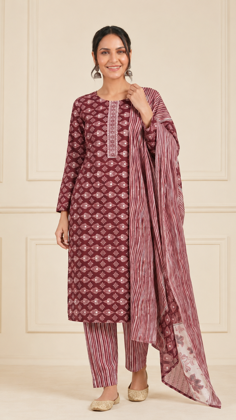 Woman wearing a maroon and dusty pink printed kurta set with striped trousers and matching striped dupatta – Diya Online ethnic wear.