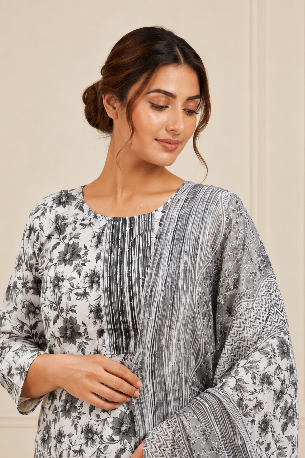 Woman wearing a grey and white floral printed kurta set with striped trousers and matching printed dupatta – Diya Online ethnic wear.