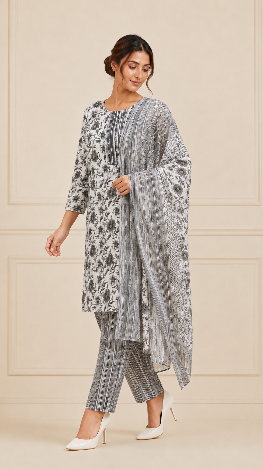 Woman wearing a grey and white floral printed kurta set with striped trousers and matching printed dupatta – Diya Online ethnic wear.