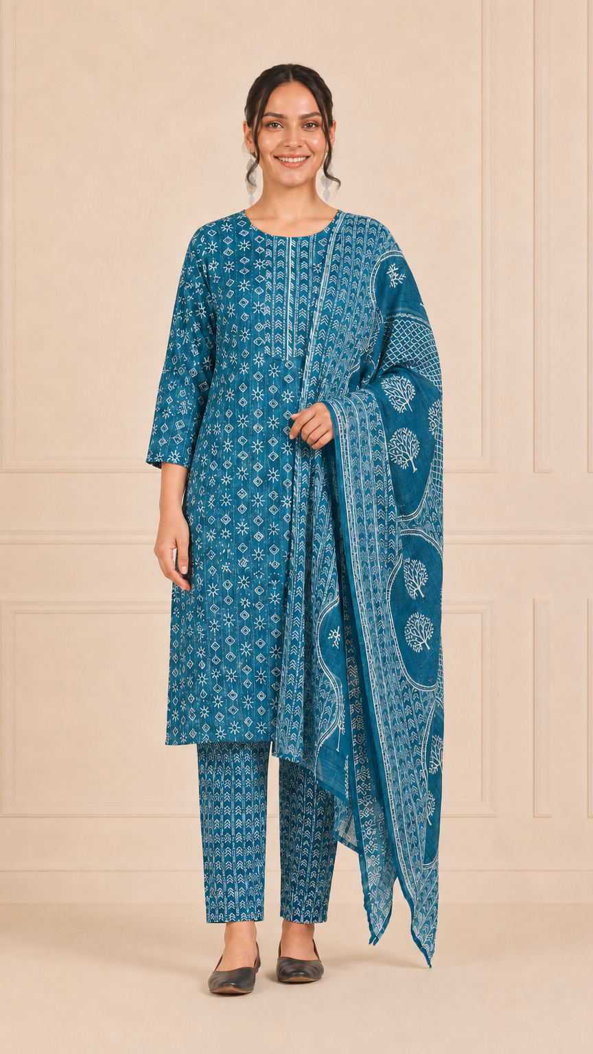 Woman wearing a teal blue and white printed kurta set with matching trousers and printed dupatta – Diya Online ethnic wear.