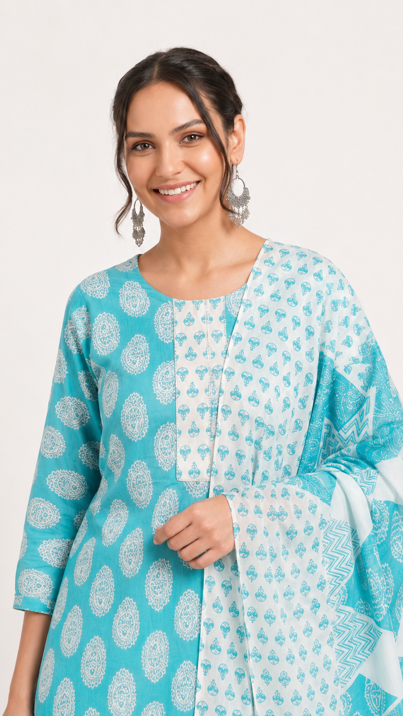 Turquoise and white printed kurta with a matching dupatta.