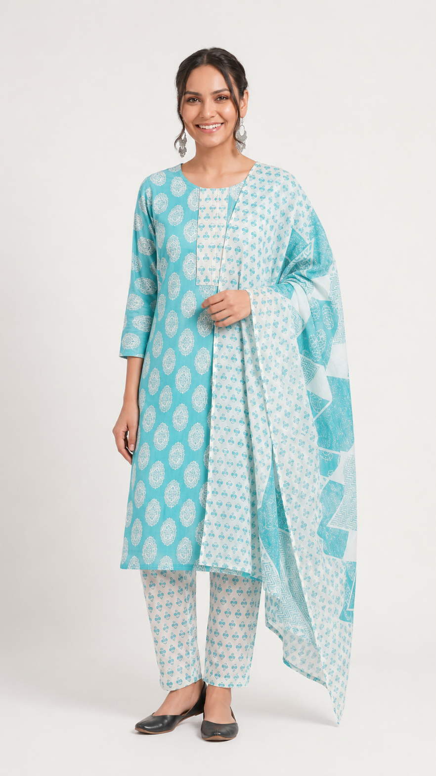 Printed Blue cotton trouser suit with dupatta 