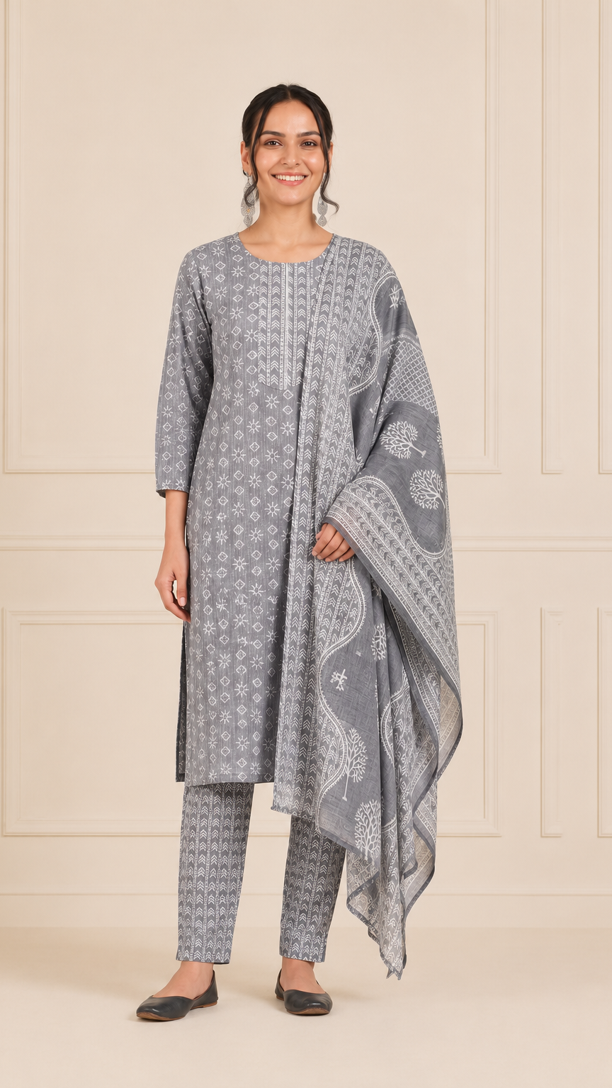 Woman wearing a grey and white printed kurta set with matching trousers and printed dupatta – Diya Online ethnic wear.