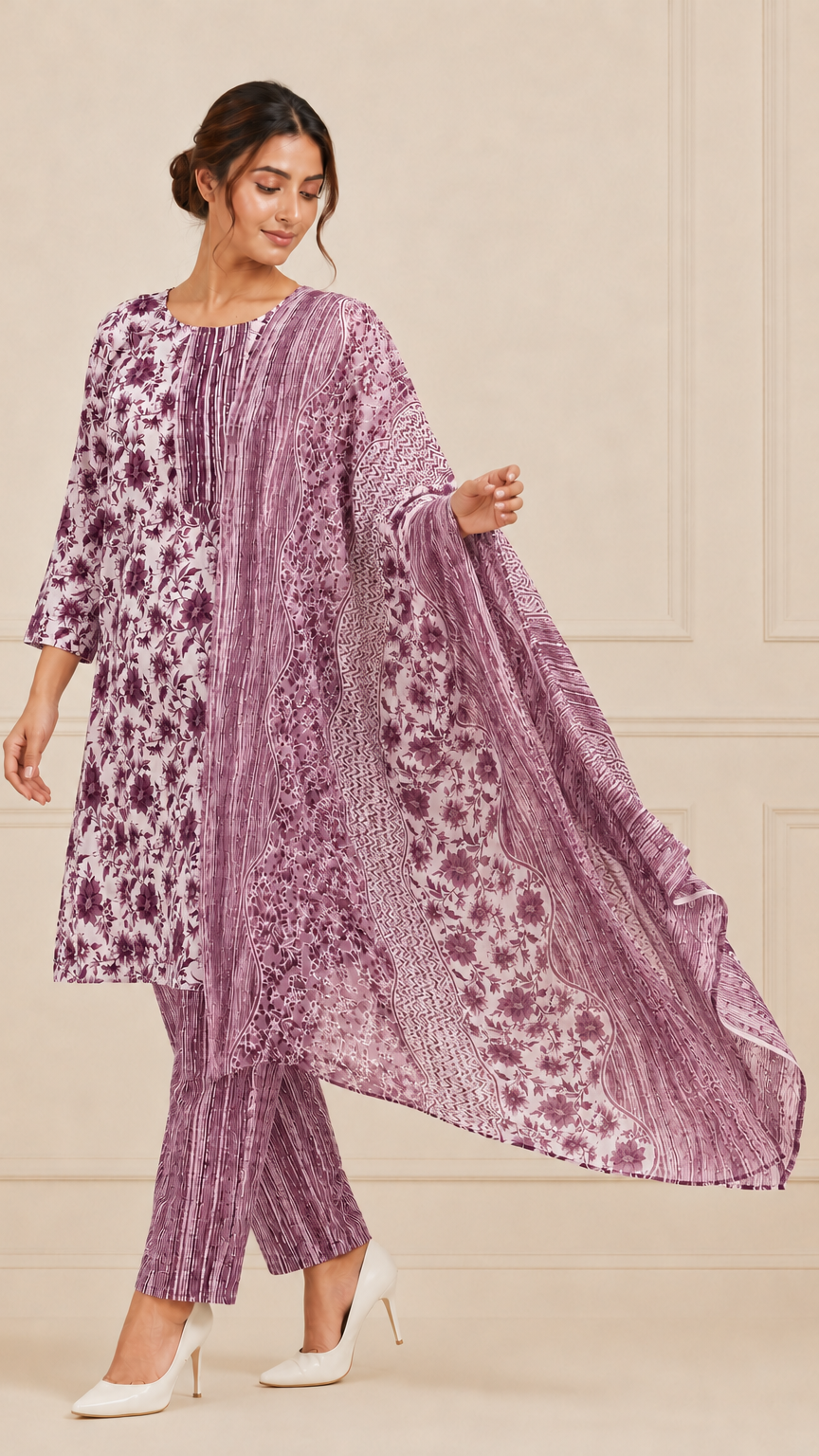 Woman wearing a white and plum purple floral printed kurta set with matching striped trousers and printed dupatta – Diya Online ethnic wear.