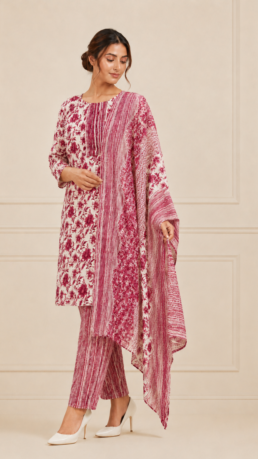 Woman wearing a white and magenta pink floral printed kurta set with matching striped trousers and printed dupatta – Diya Online ethnic wear.