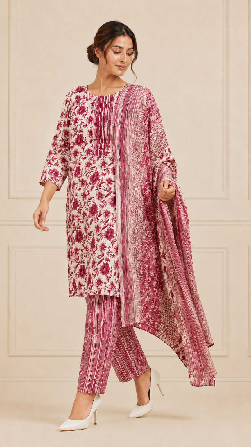 Woman wearing a white and magenta pink floral printed kurta set with matching striped trousers and printed dupatta – Diya Online ethnic wear.