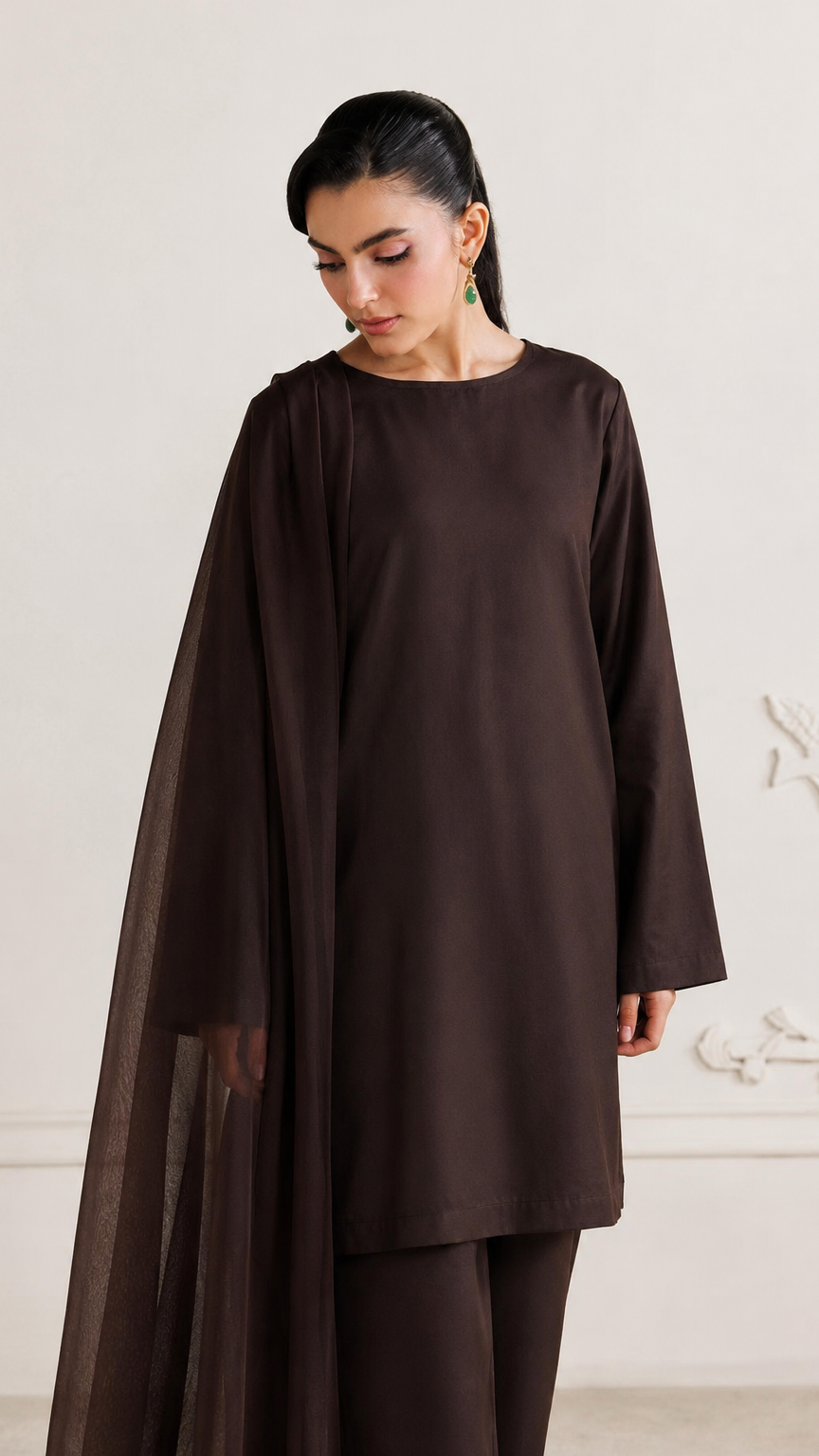 Buy plain chocolate brown Pakistani salwar kameez with long kurta, gathered trousers and matching sheer dupatta for women online at Diya Online.
