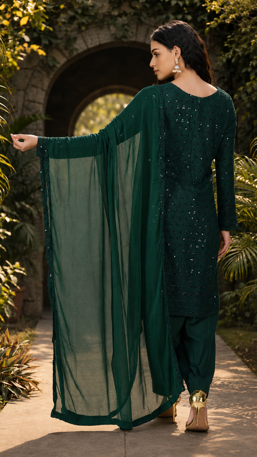 Buy dark emerald green sequin embroidered Pakistani salwar kameez with matching trousers and sheer dupatta for women online at Diya Online