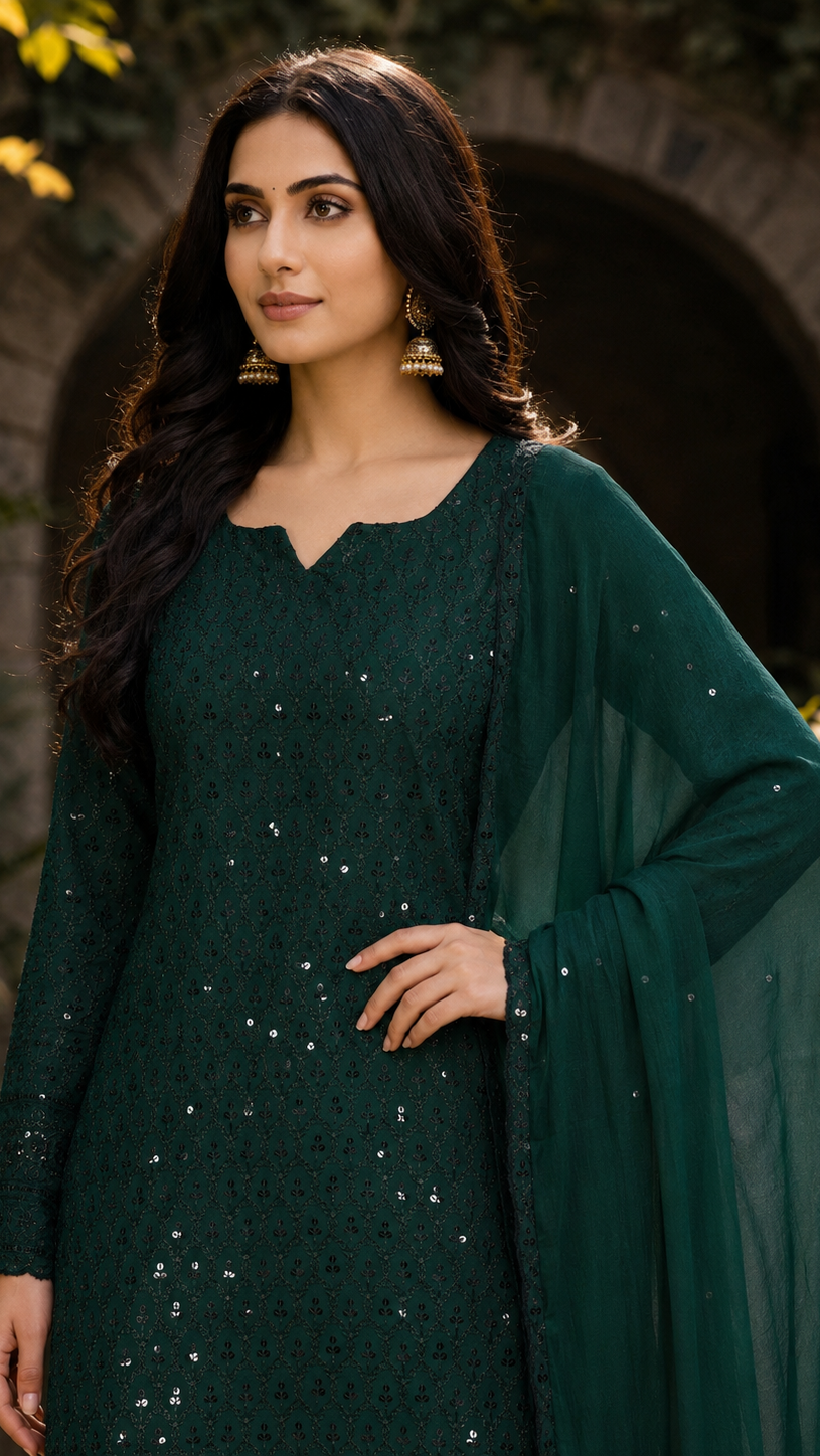 Buy dark emerald green sequin embroidered Pakistani salwar kameez with matching trousers and sheer dupatta for women online at Diya Online