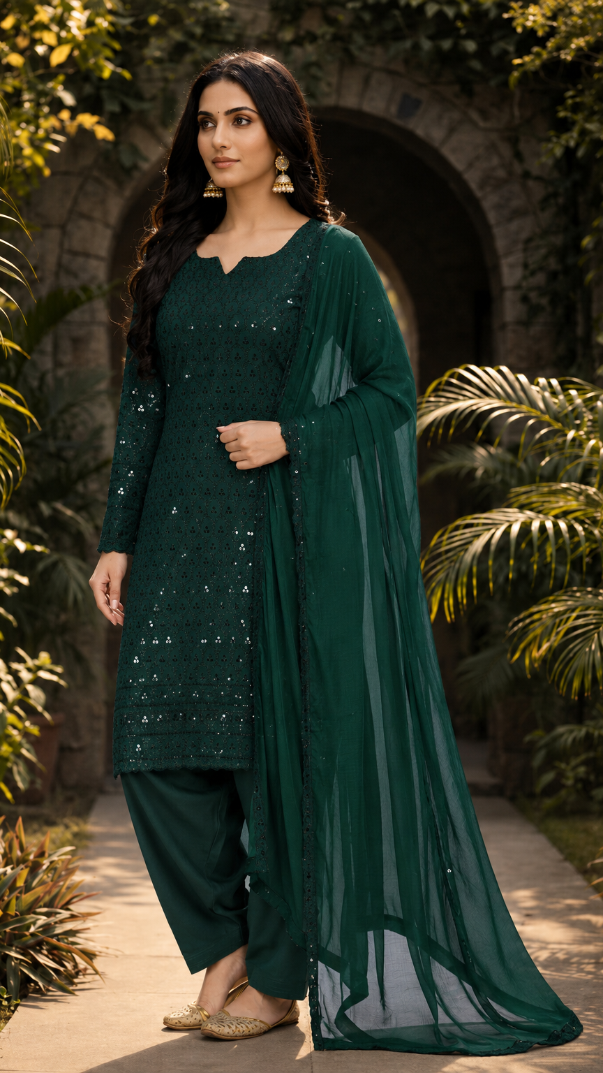 Buy dark emerald green sequin embroidered Pakistani salwar kameez with matching trousers and sheer dupatta for women online at Diya Online