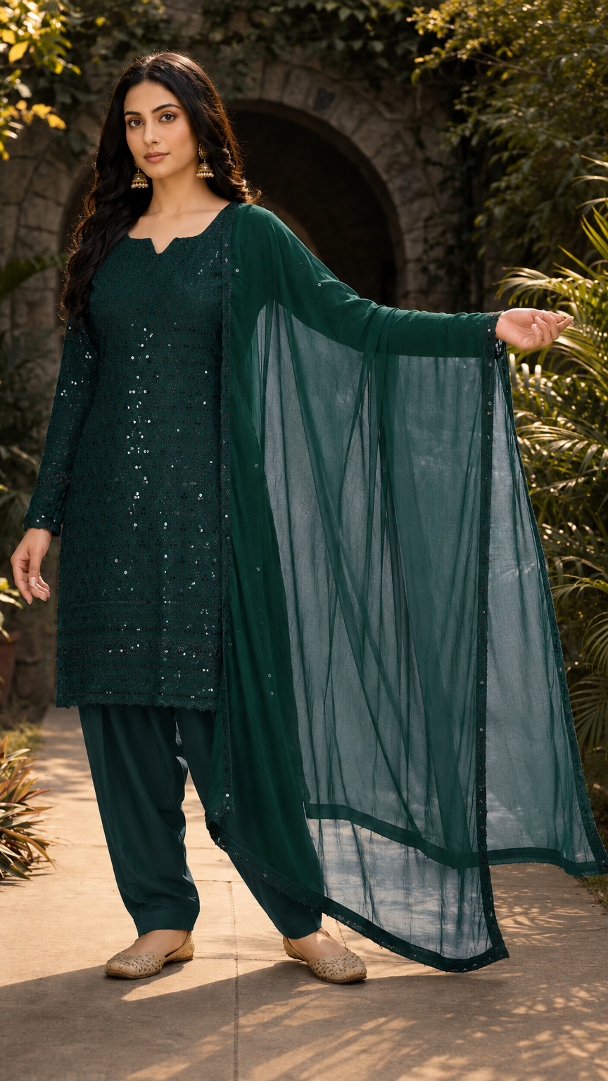 Buy dark emerald green sequin embroidered Pakistani salwar kameez with matching trousers and sheer dupatta for women online at Diya Online