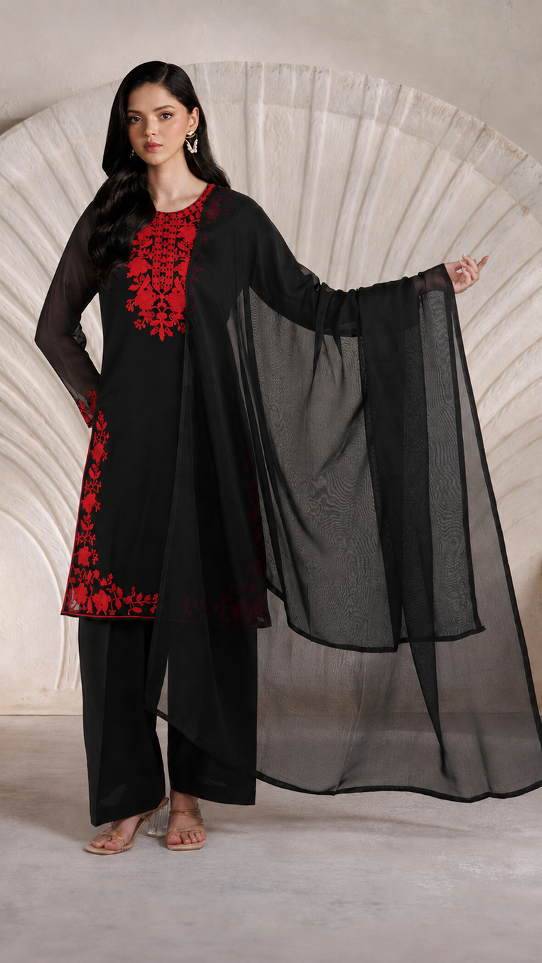 Buy black Pakistani embroidered salwar kameez with red floral threadwork and matching sheer dupatta for women online at Diya Online