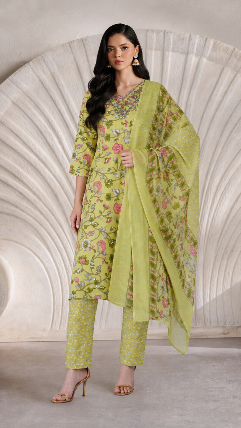 Buy lime green floral print Pakistani salwar kameez suit with straight trousers and matching dupatta for women online at Diya Online.