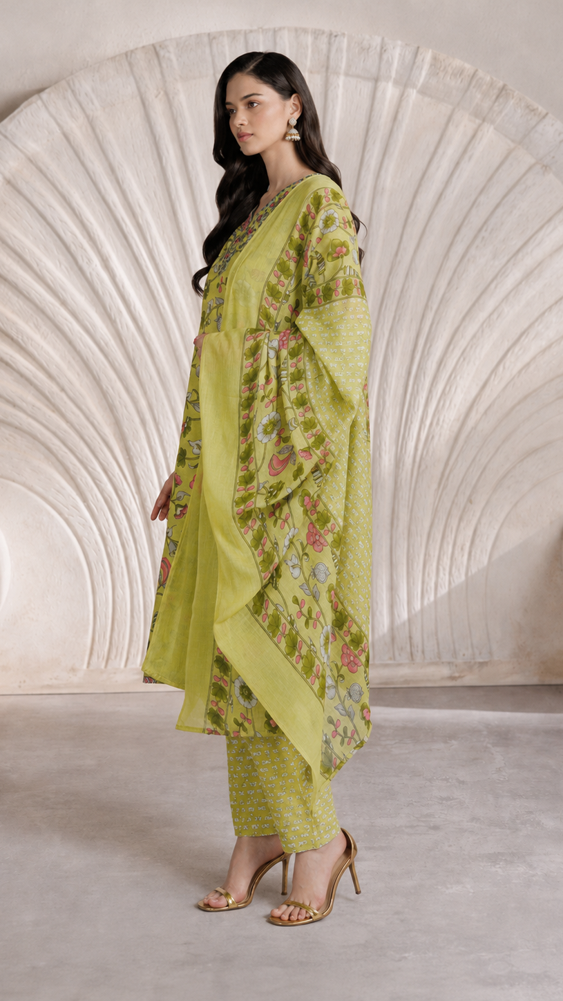 Buy lime green floral print Pakistani salwar kameez suit with straight trousers and matching dupatta for women online at Diya Online.