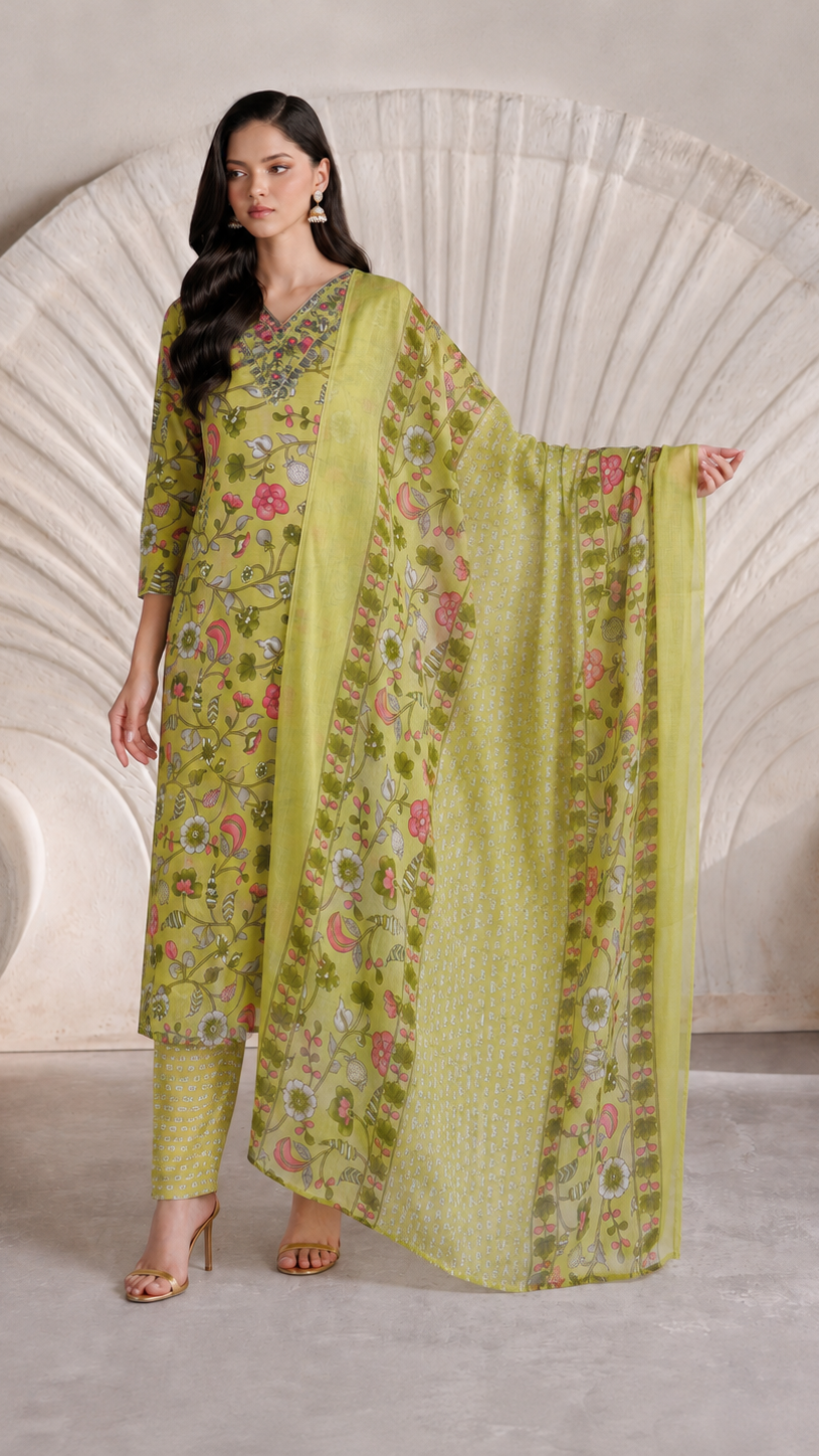 Buy lime green floral print Pakistani salwar kameez suit with straight trousers and matching dupatta for women online at Diya Online.