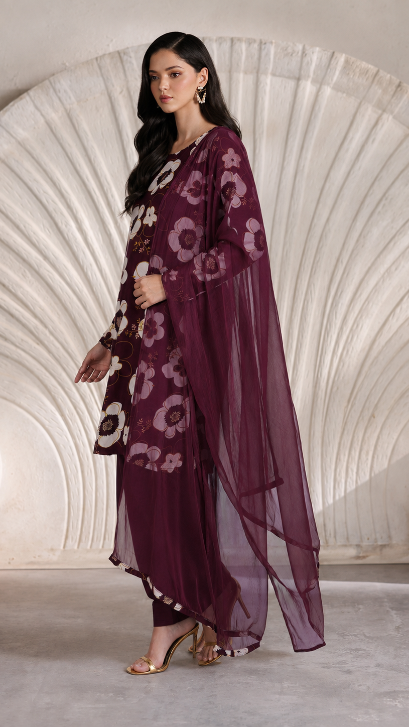 Buy maroon floral print Pakistani salwar kameez with wide-leg trousers and matching sheer dupatta for women online at Diya Online