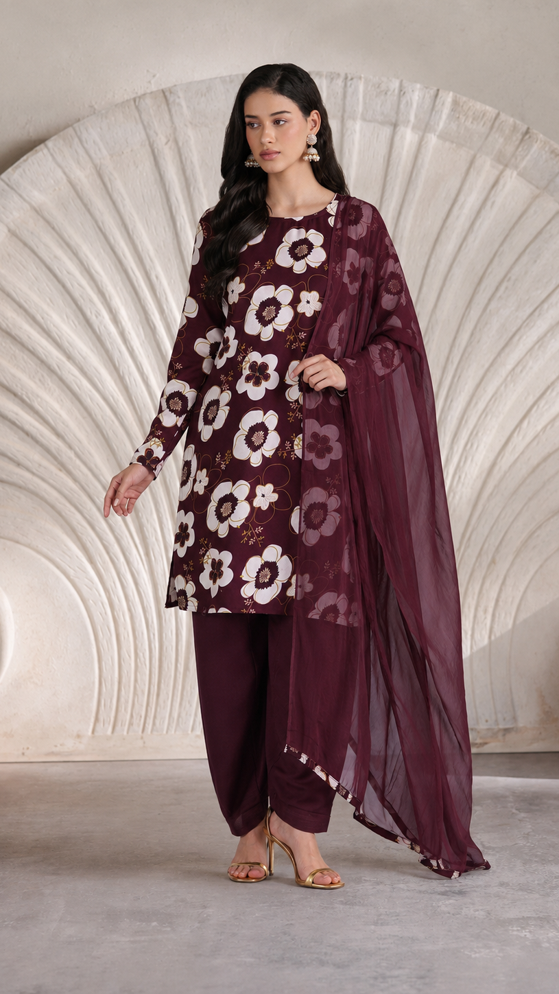 Buy maroon floral print Pakistani salwar kameez with wide-leg trousers and matching sheer dupatta for women online at Diya Online