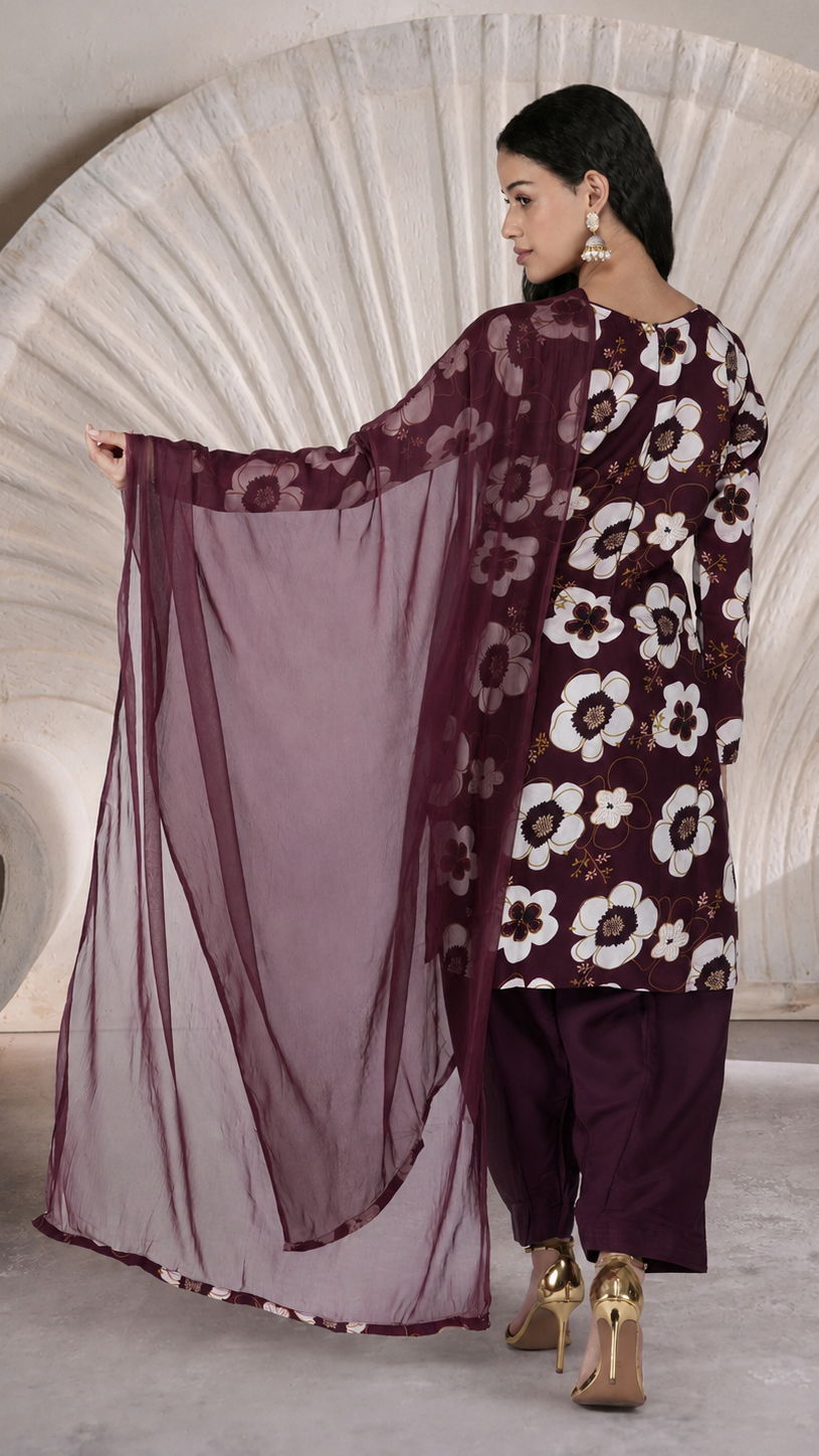 Buy maroon floral print Pakistani salwar kameez with wide-leg trousers and matching sheer dupatta for women online at Diya Online