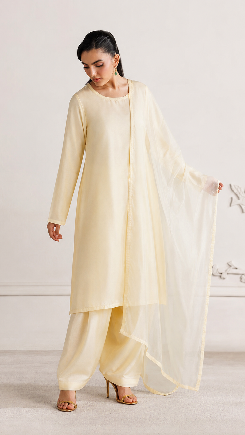 Buy cream plain Pakistani shalwar kameez suit with long kurta, gathered salwar trousers and matching sheer dupatta for women online at Diya Online