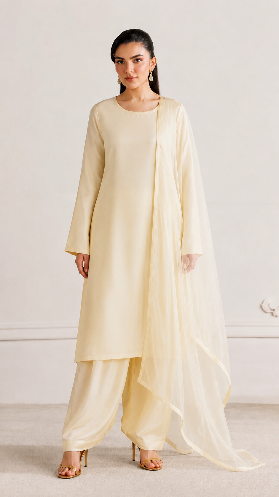 A woman modeling a cream-colored traditional outfit consisting of a long-sleeve kurta, matching palazzo pants, and a sheer draped dupatta, set against a neutral indoor background.