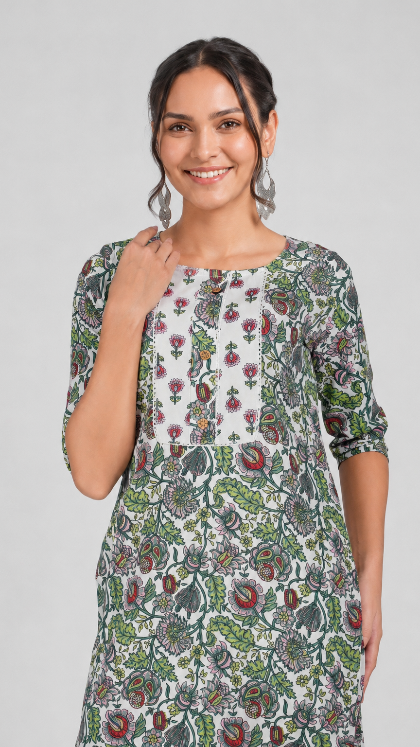 Ivory multicolour floral printed salwar kameez suit with matching trousers and lime green printed dupatta
