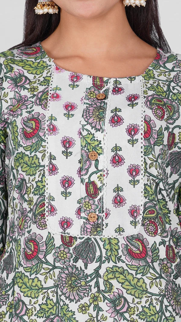 Ivory multicolour floral printed salwar kameez suit with matching trousers and lime green printed dupatta
