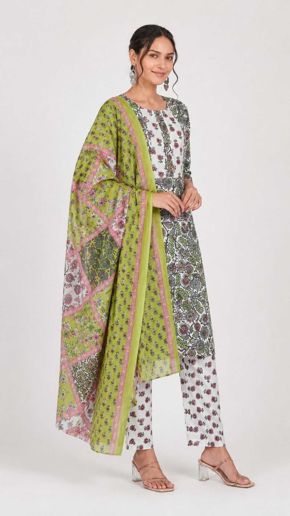 Ivory multicolour floral printed salwar kameez suit with matching trousers and lime green printed dupatta
