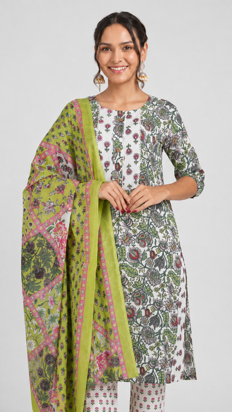 Ivory multicolour floral printed salwar kameez suit with matching trousers and lime green printed dupatta
