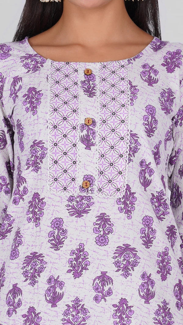 Lilac purple printed salwar kameez suit with straight trousers and matching patterned dupatta

