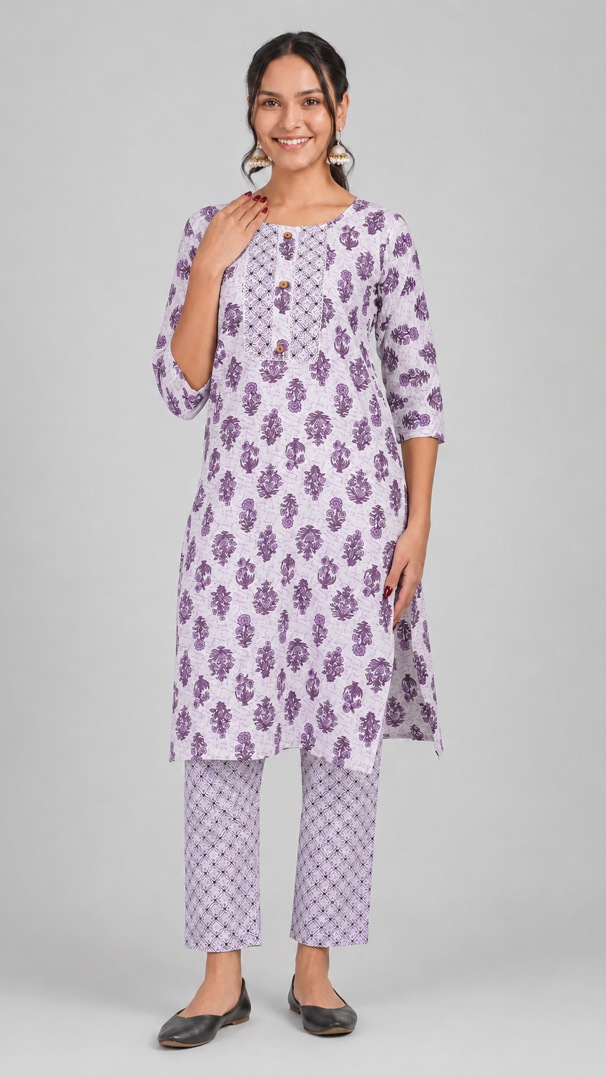 Lilac purple printed salwar kameez suit with straight trousers and matching patterned dupatta
