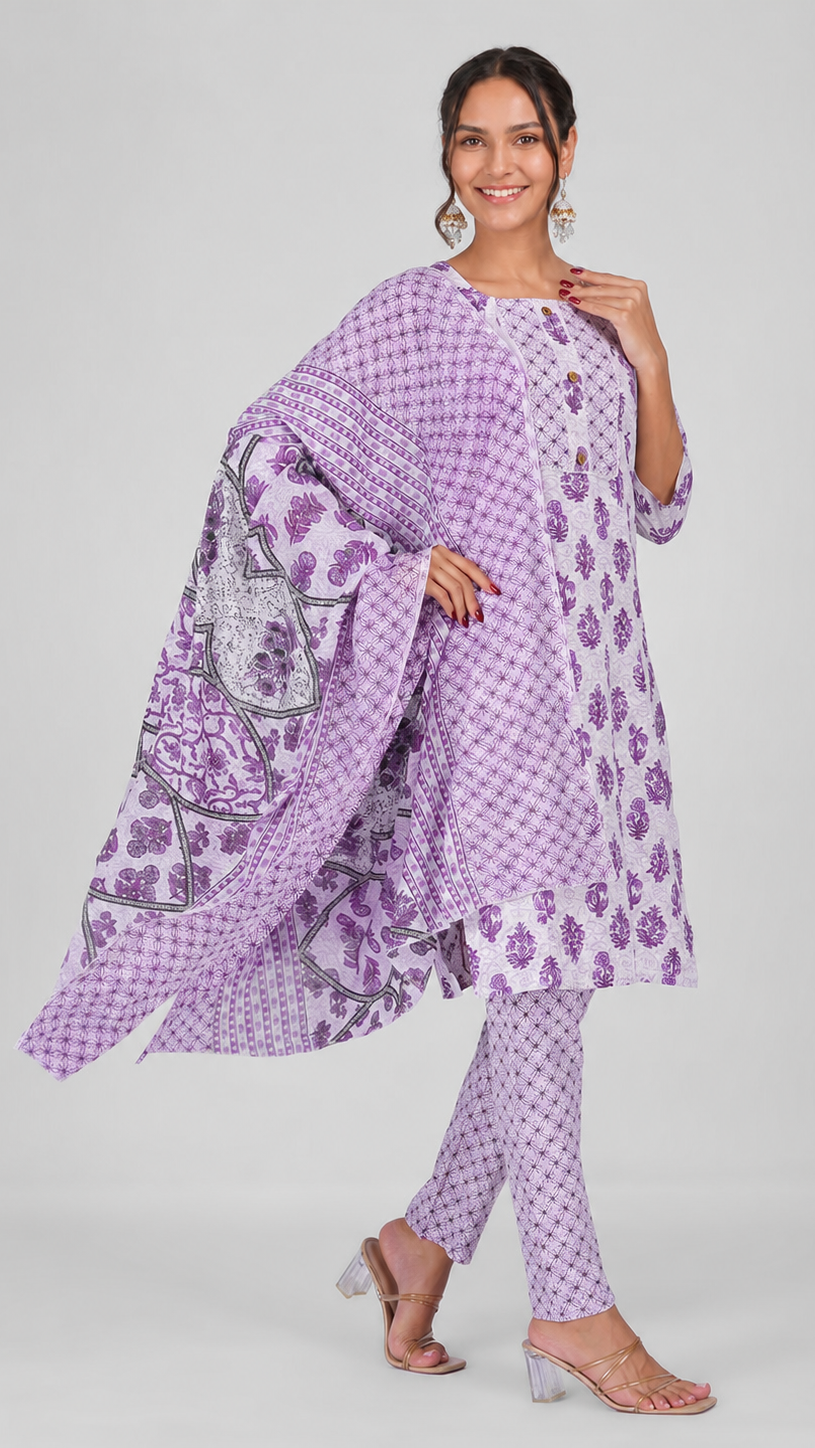Lilac purple printed salwar kameez suit with straight trousers and matching patterned dupatta
