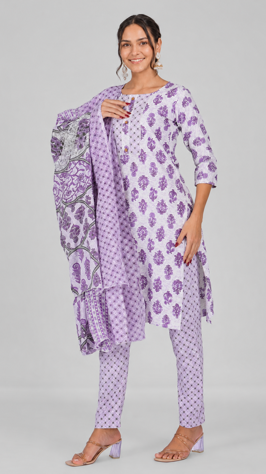 Lilac purple printed salwar kameez suit with straight trousers and matching patterned dupatta
