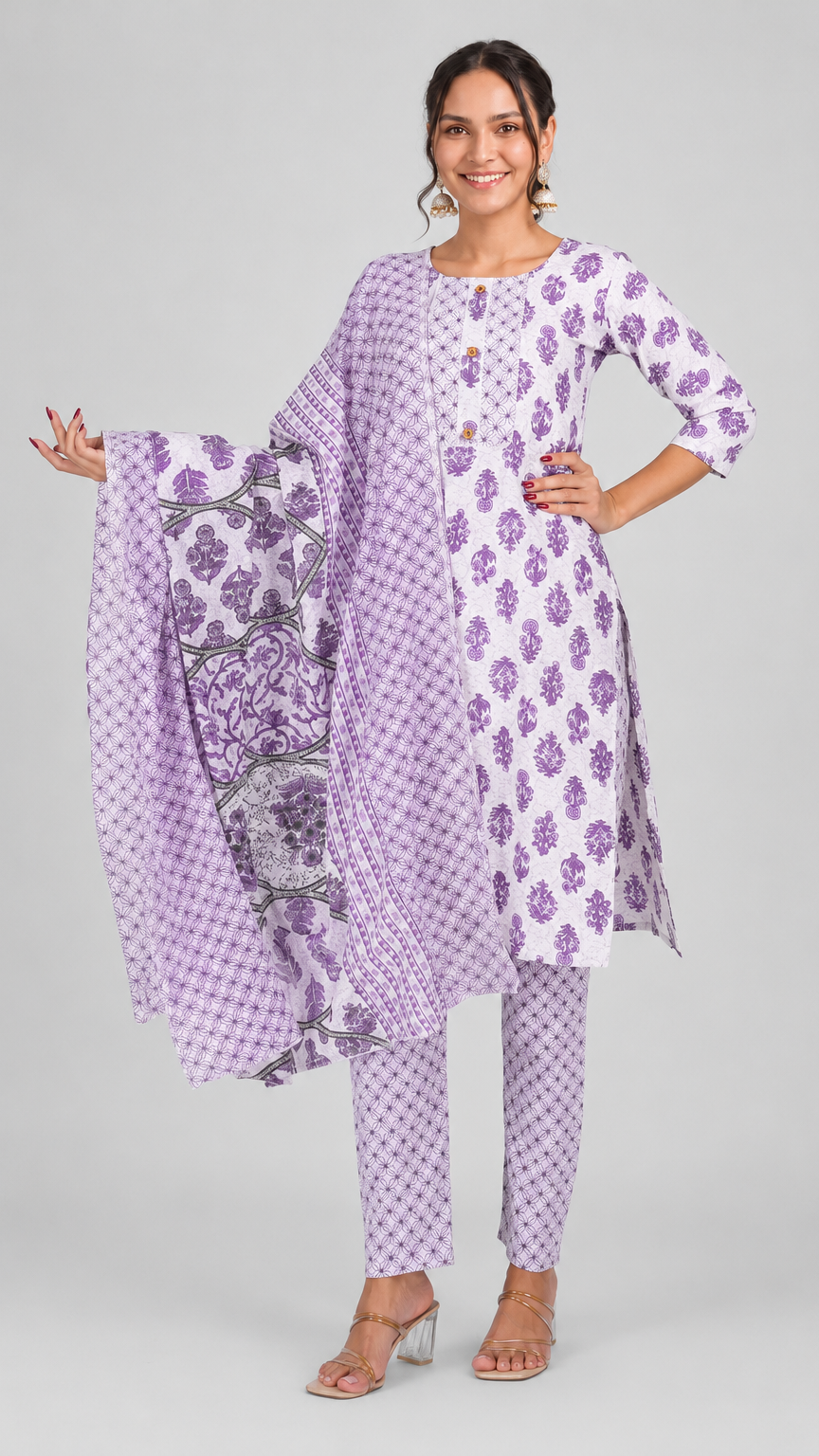 Lilac purple printed salwar kameez suit with straight trousers and matching patterned dupatta
