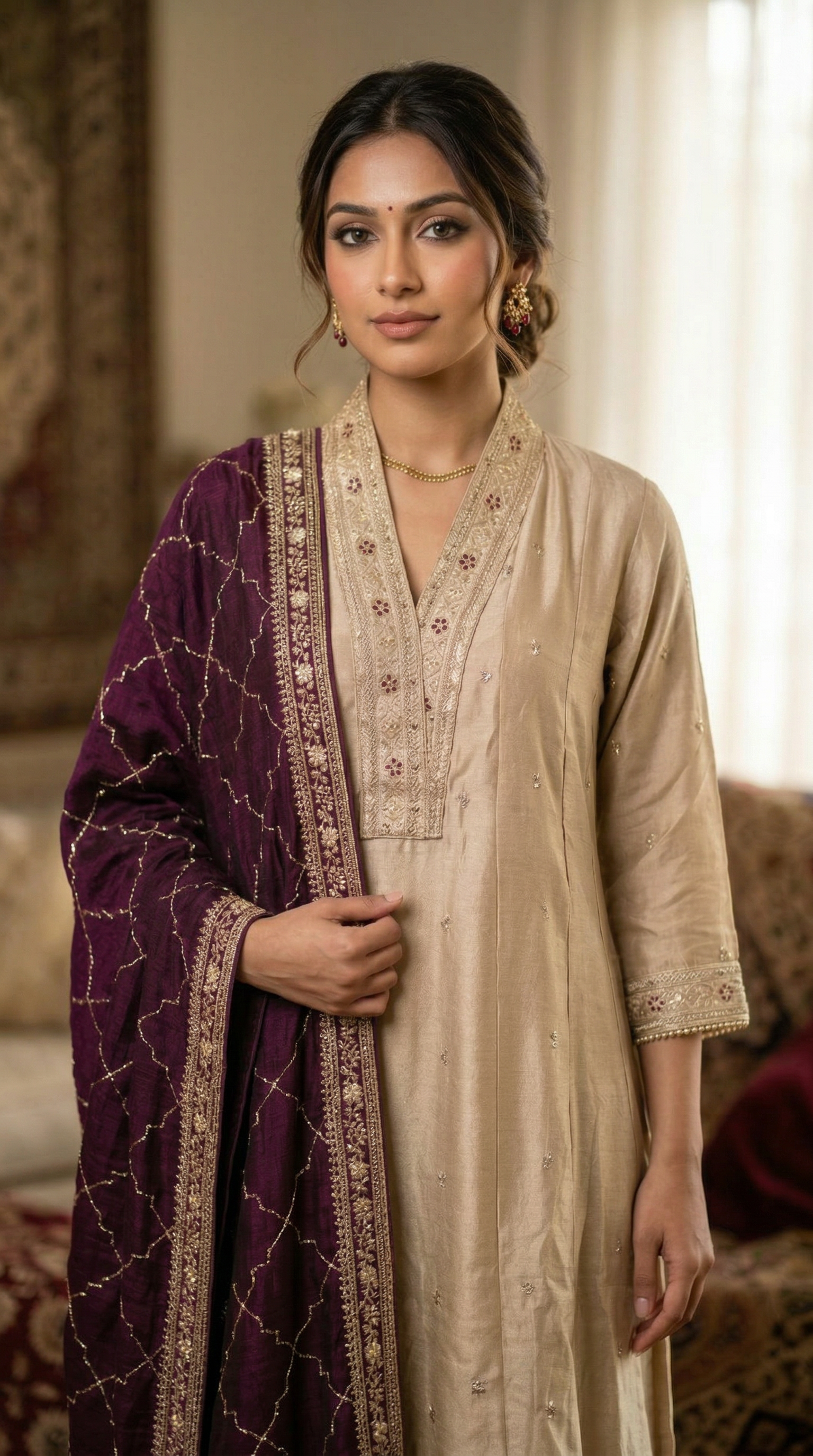 Mouse Brown Vichitra Georgette Thread Embroidered A-Line Suit Set