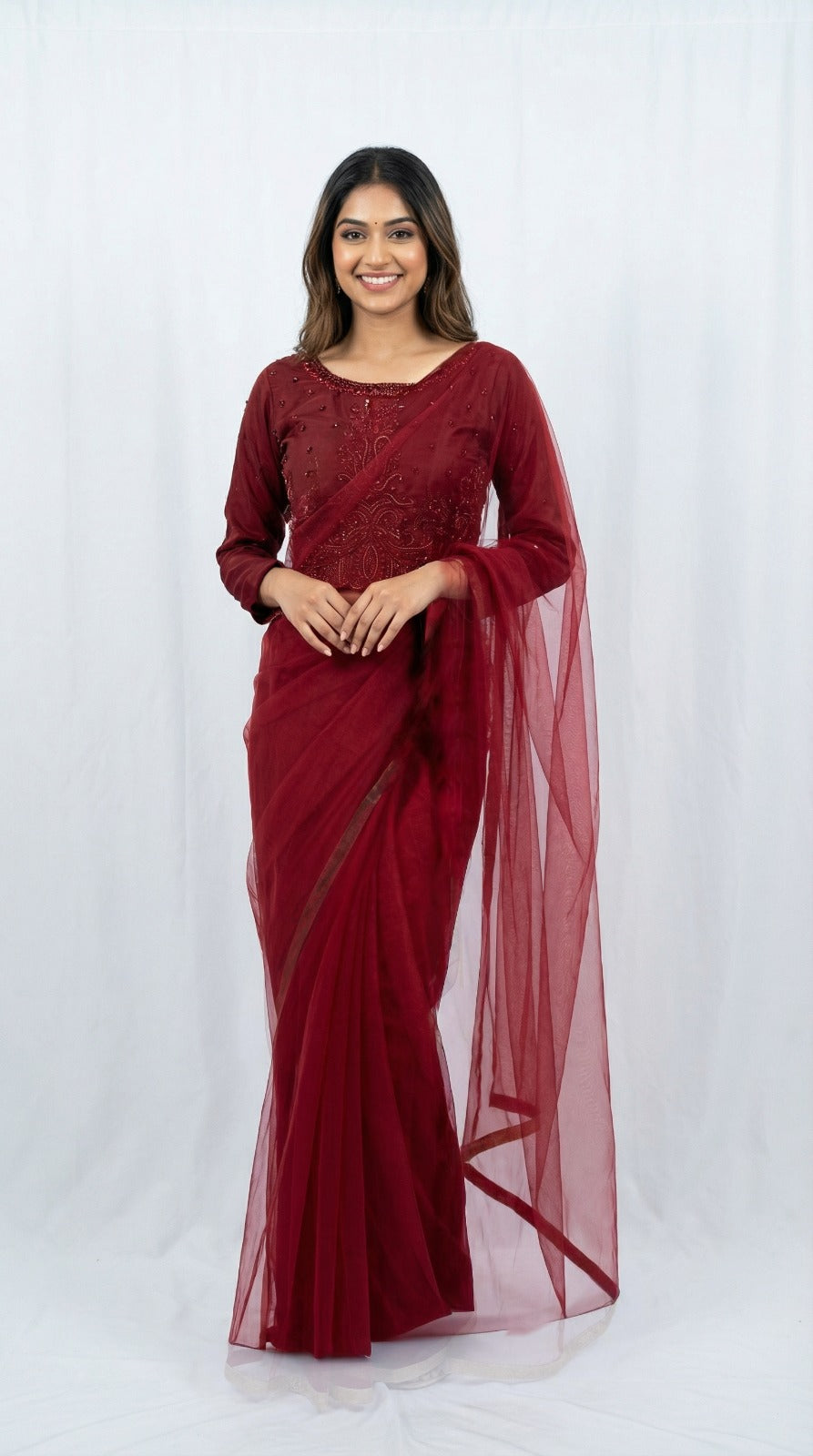 Maroon Saree with Embroidered Blouse