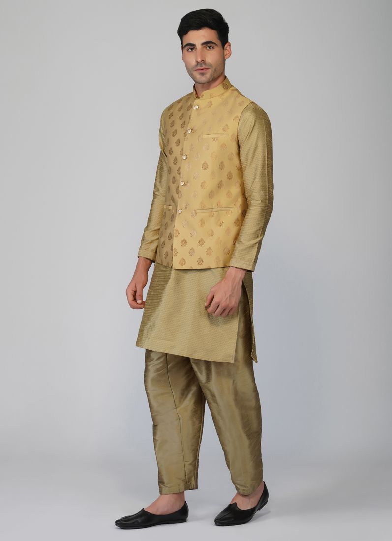 Buy Gold Borcade Buti Nehru Waistcoat