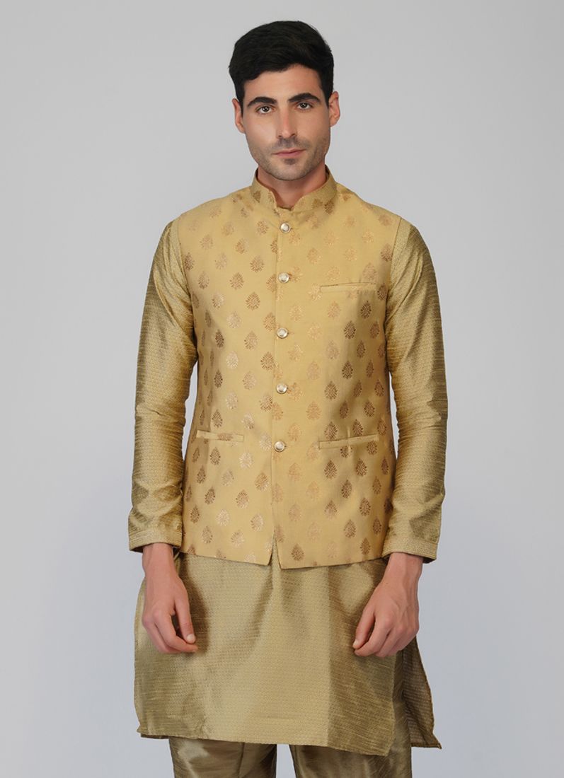Buy Gold Borcade Buti Nehru Waistcoat
