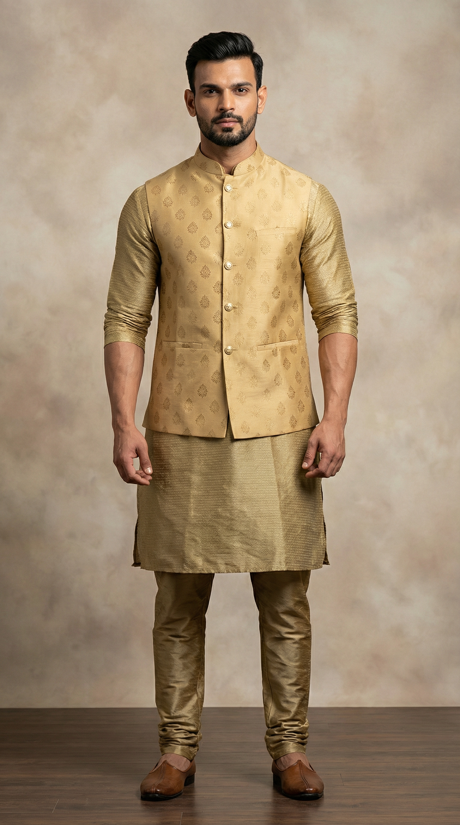 Gold Borcade Buti Nehru Waistcoat