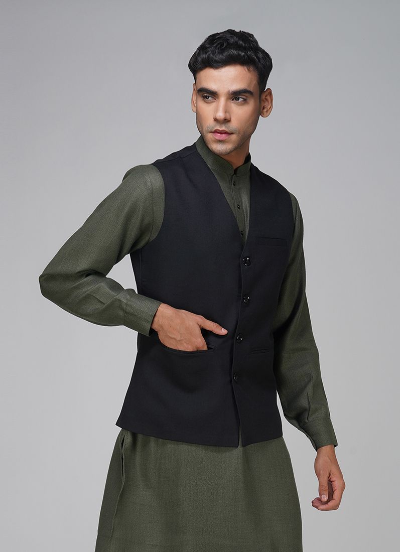 Buy Men's Black Linen V -Neckline Jacket