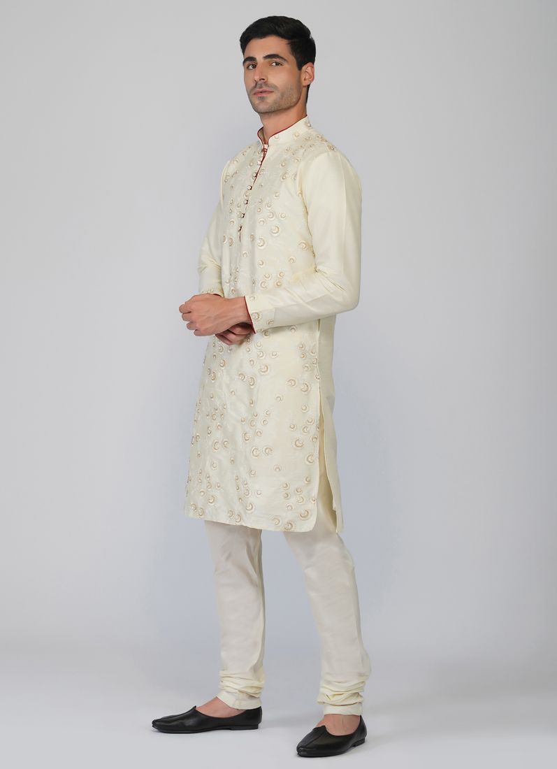 Buy Cream Embroidered Kurta Churidaar Set
